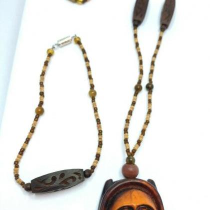 Handmade Necklace And Bracelet Set, Carved Wood /..