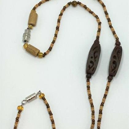 Handmade Necklace And Bracelet Set, Carved Wood /..