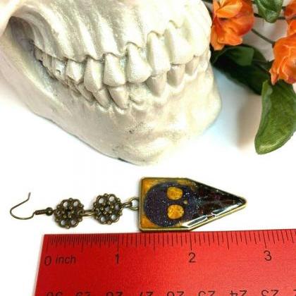 Handmade Halloween Earrings Dangle , Black Skull /..