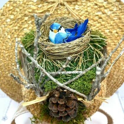 Handmade Straw / Whicker Hat Wall Hanging, Blue..