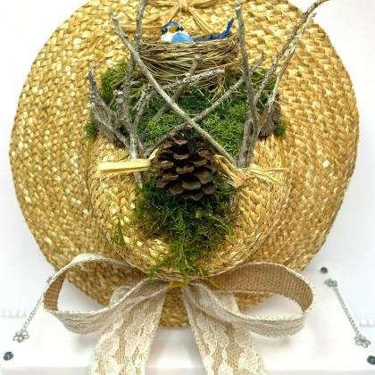 Handmade Straw / Whicker Hat Wall Hanging, Blue..
