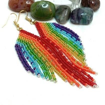 Pride Earrings Rainbow, Handmade Beaded Fringe..