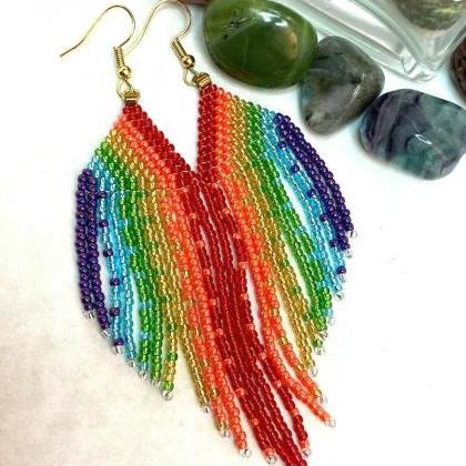Pride Earrings Rainbow, Handmade Beaded Fringe..