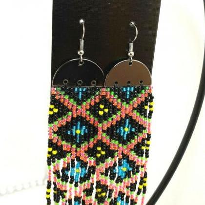 Handmade Beaded Fringe Earrings Neon And Black,..