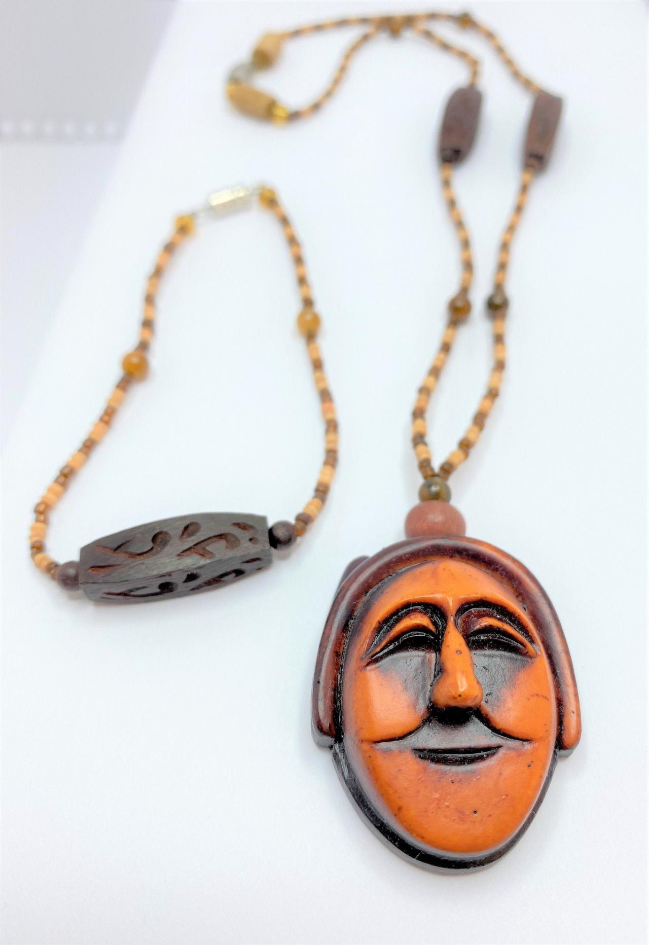 Handmade Necklace And Bracelet Set, Carved Wood / Bead ( With Tigers Eye) Handmade; Necklace 18" And Bracelet Is 6"