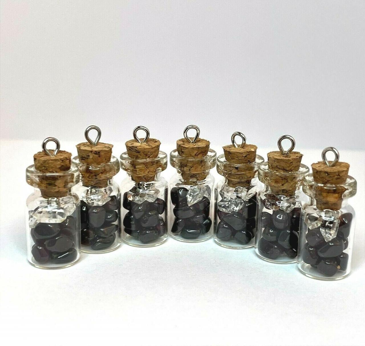 Handmade Small Jar Pendant Trinket Filled With Tumbled Garnet And Herkimer Diamond.