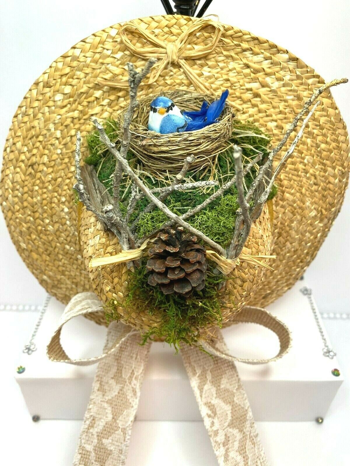 Handmade Straw / Whicker Hat Wall Hanging, Blue Bird In A Nest, Natural Art, Nature Wall Hanging Country Style.