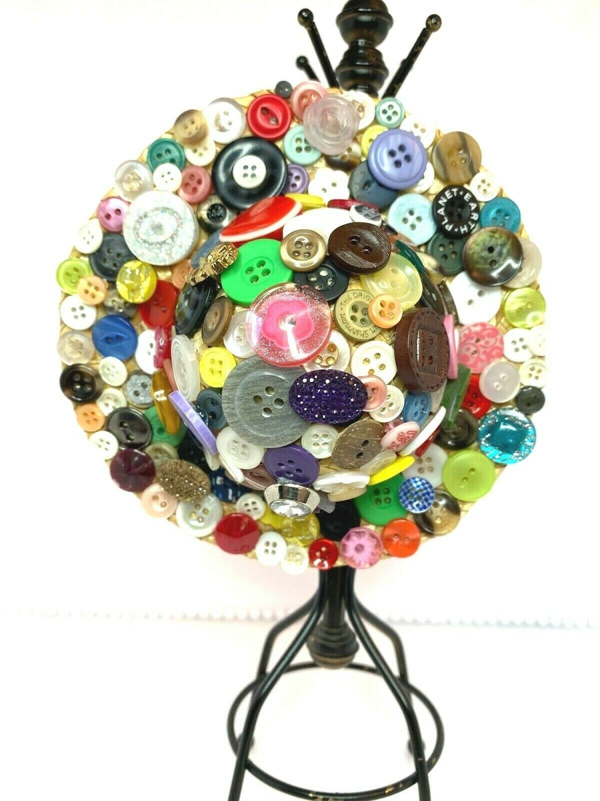 Handmade Button Straw Whicker Hat Wall Hanging 5.5 Inch. Sewing Room Art.