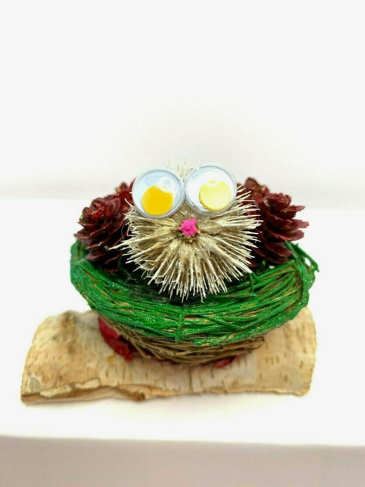 Handmade Christmas Porcupine In Nest With Pinecone Flowers, Burdock, Birch, Natural Art Country Style, Nature, Nest.