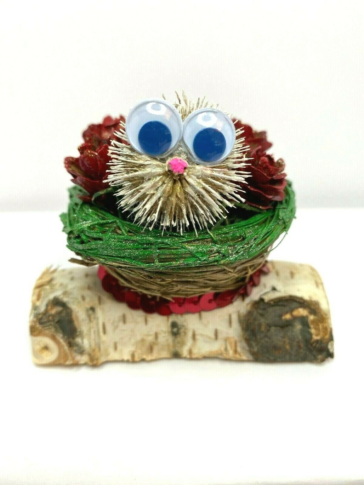 Handmade Porcupine Decoration With Blue Eyes, Natural Art Country Style Critter Animal Nest.