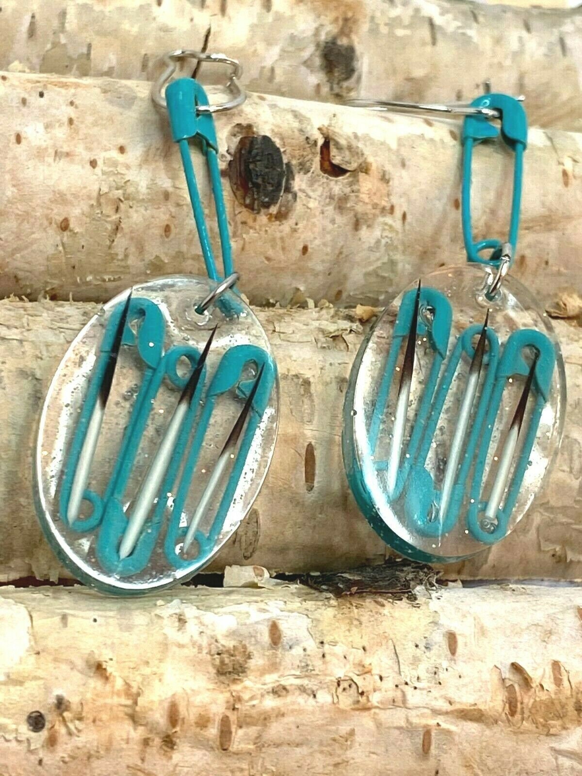 Handmade American Porcupine Quill Resin Earrings Turquoise Safety Pins, Oval Shaped, , Lightweight, Drop Dangle, Oregon Made.