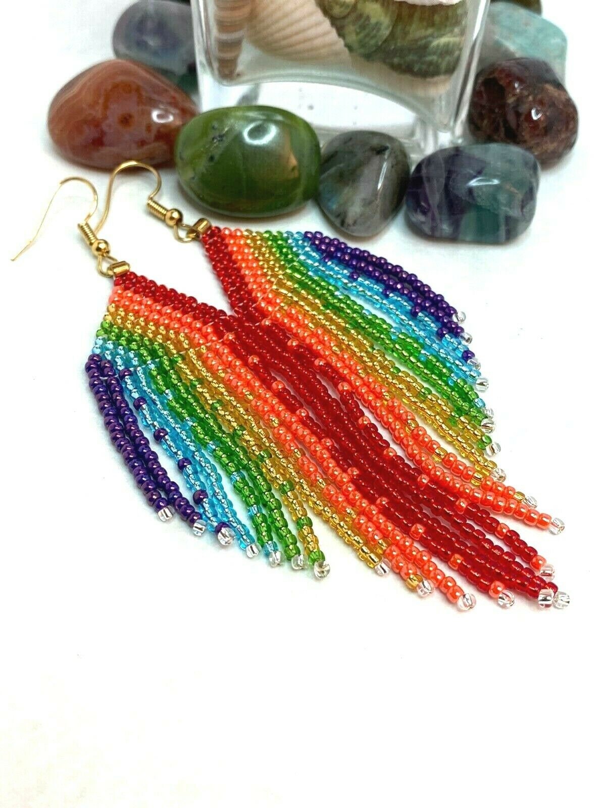 Pride Earrings Rainbow, Handmade Beaded Fringe Earrings, Dangle Drop Earring..