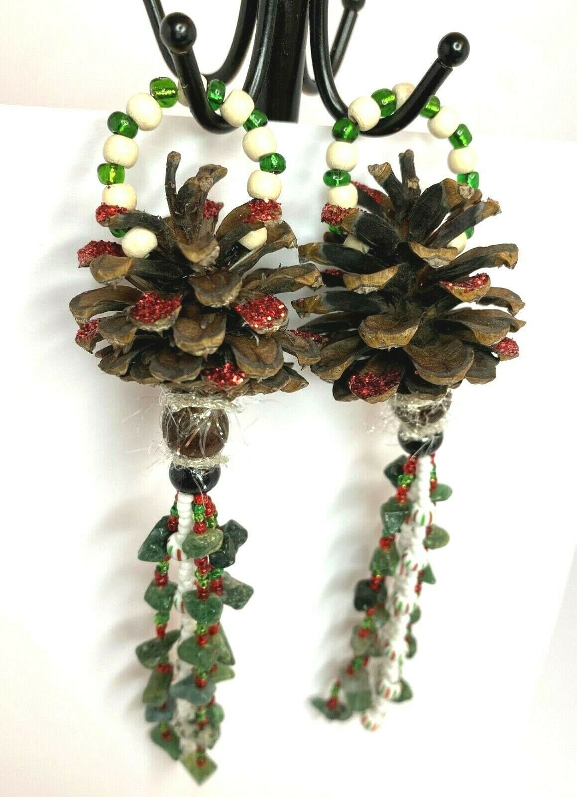 Handmade Christmas Pinecone Ornaments With Beads, Tassels, Moss Agate. Unique.