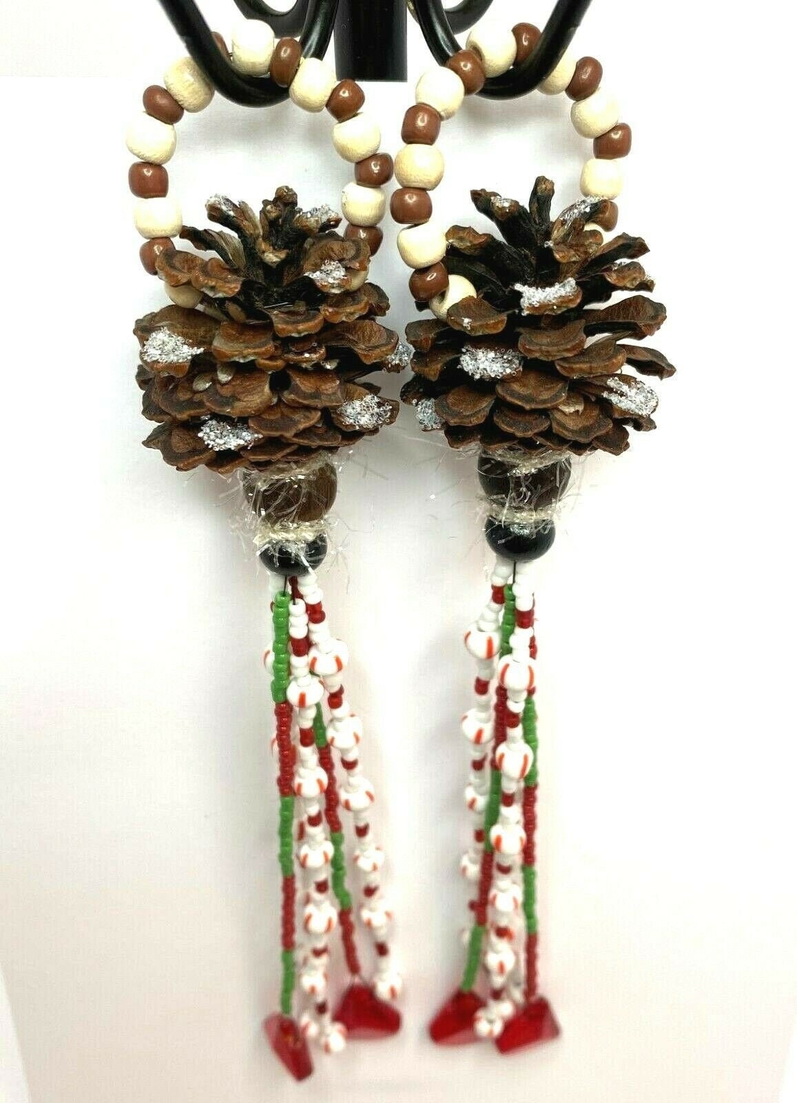 Handmade Christmas Pinecone Ornaments With Glass Teardrop Beads Tassels, Glitter, Hanpainted, Decorated Pinecone Set. Unique Handmade.