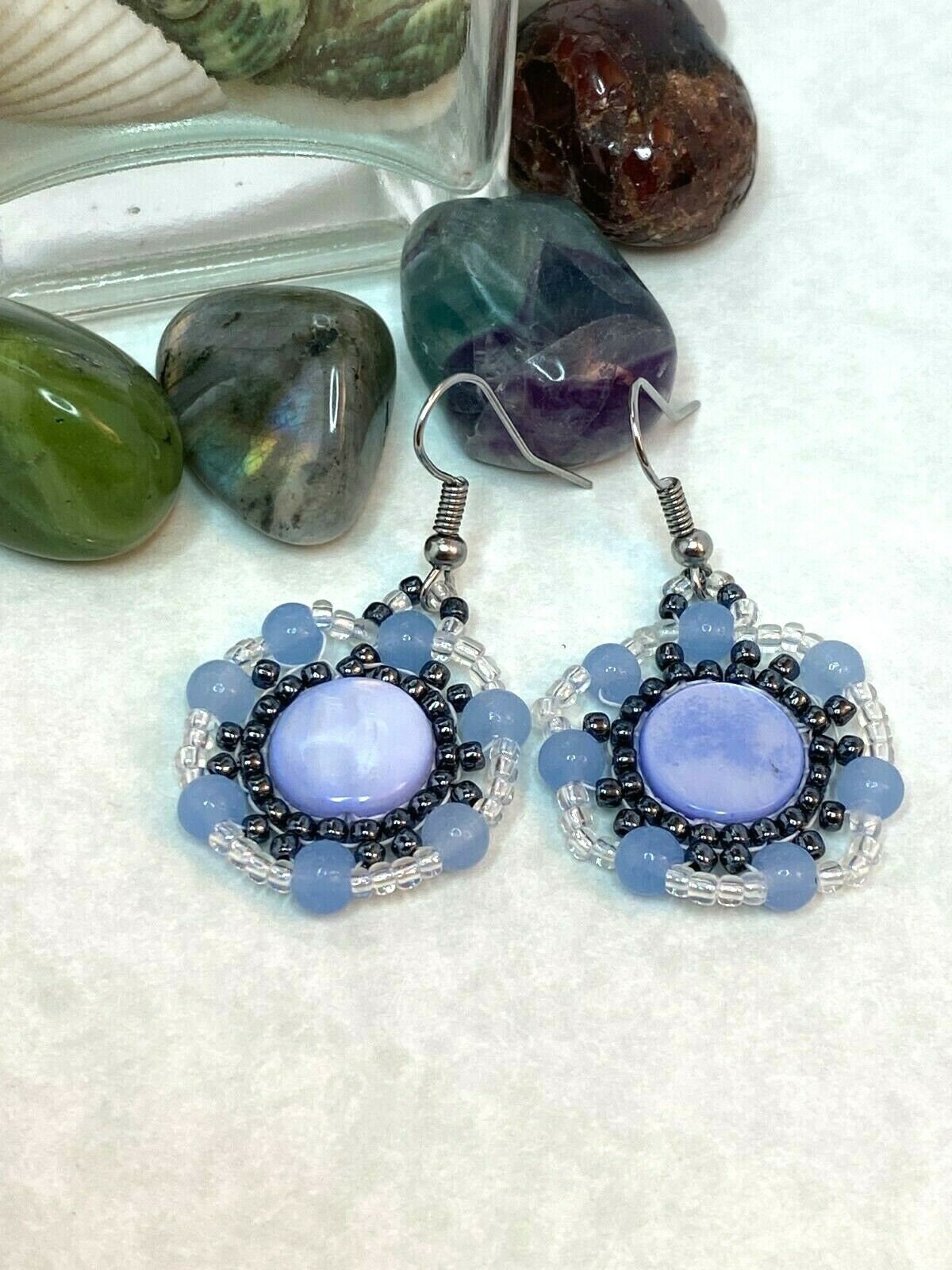 Handmade Beaded Drop Earring With Blue Cats Eye And Shells, Handmade
